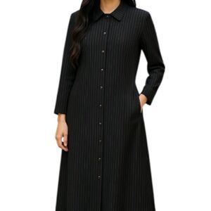 VINTAGE 90s April Cornell Striped Coat Dress Black Floral Satin Trim Modest M